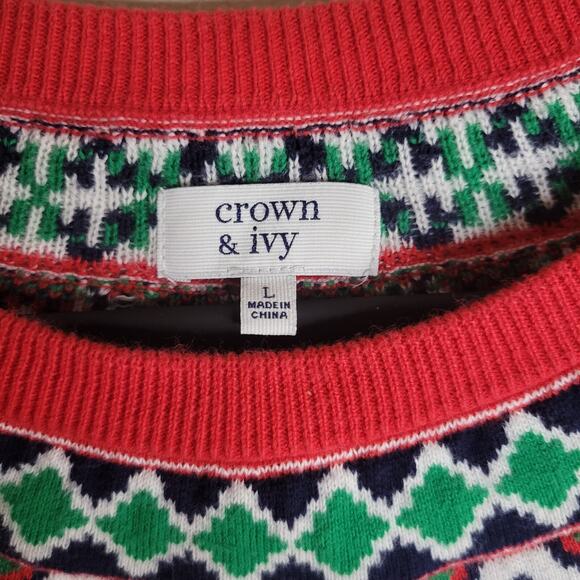 Crown & Ivy Ugly Christmas Sweater Size Large Red With Print Pattern Around Neck - Picture 3 of 4
